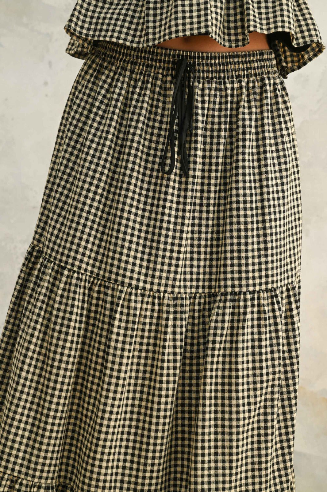 Lane Gingham Pattern Tiered Maxi Skirt