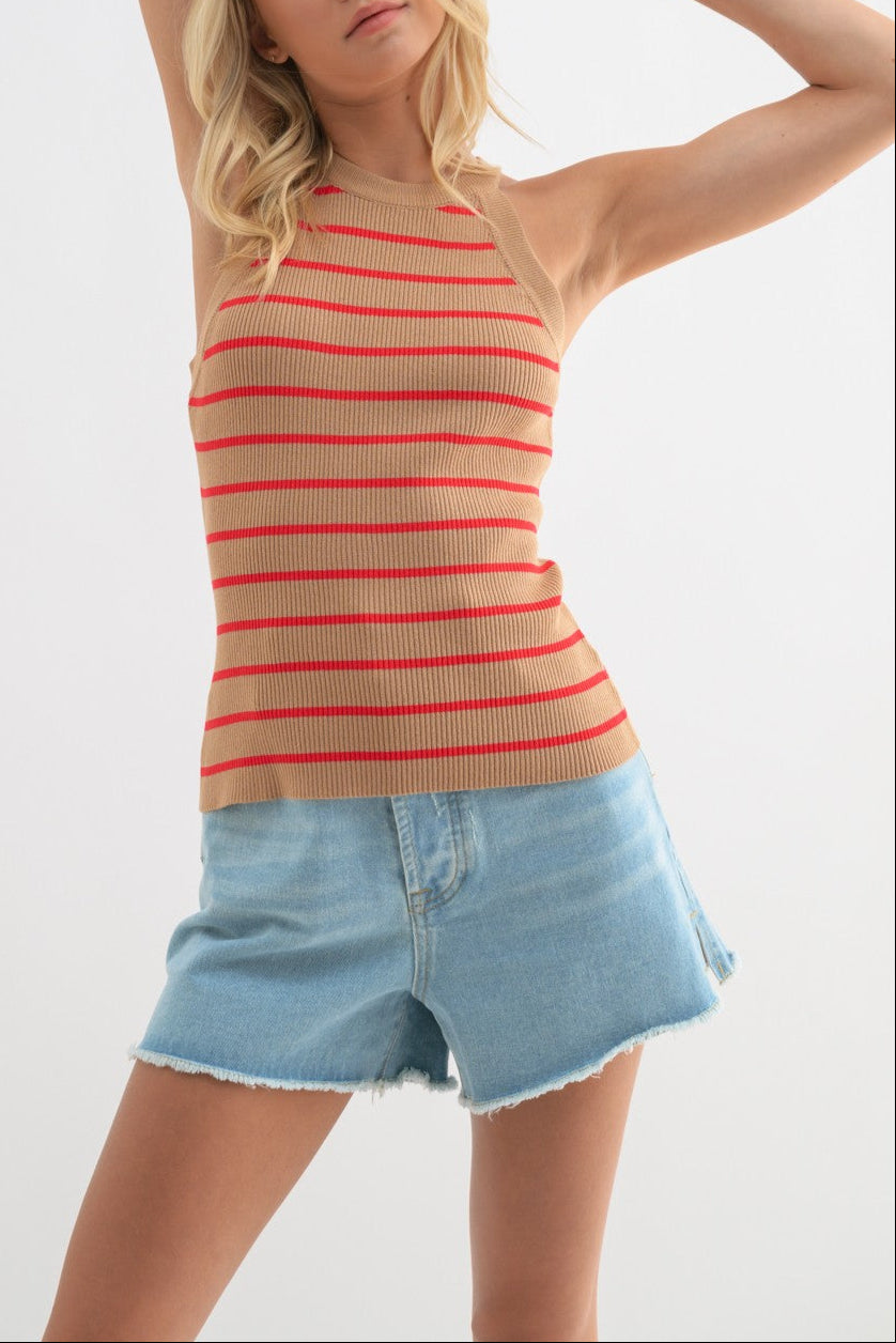 Striped High Neck Sweater Tank