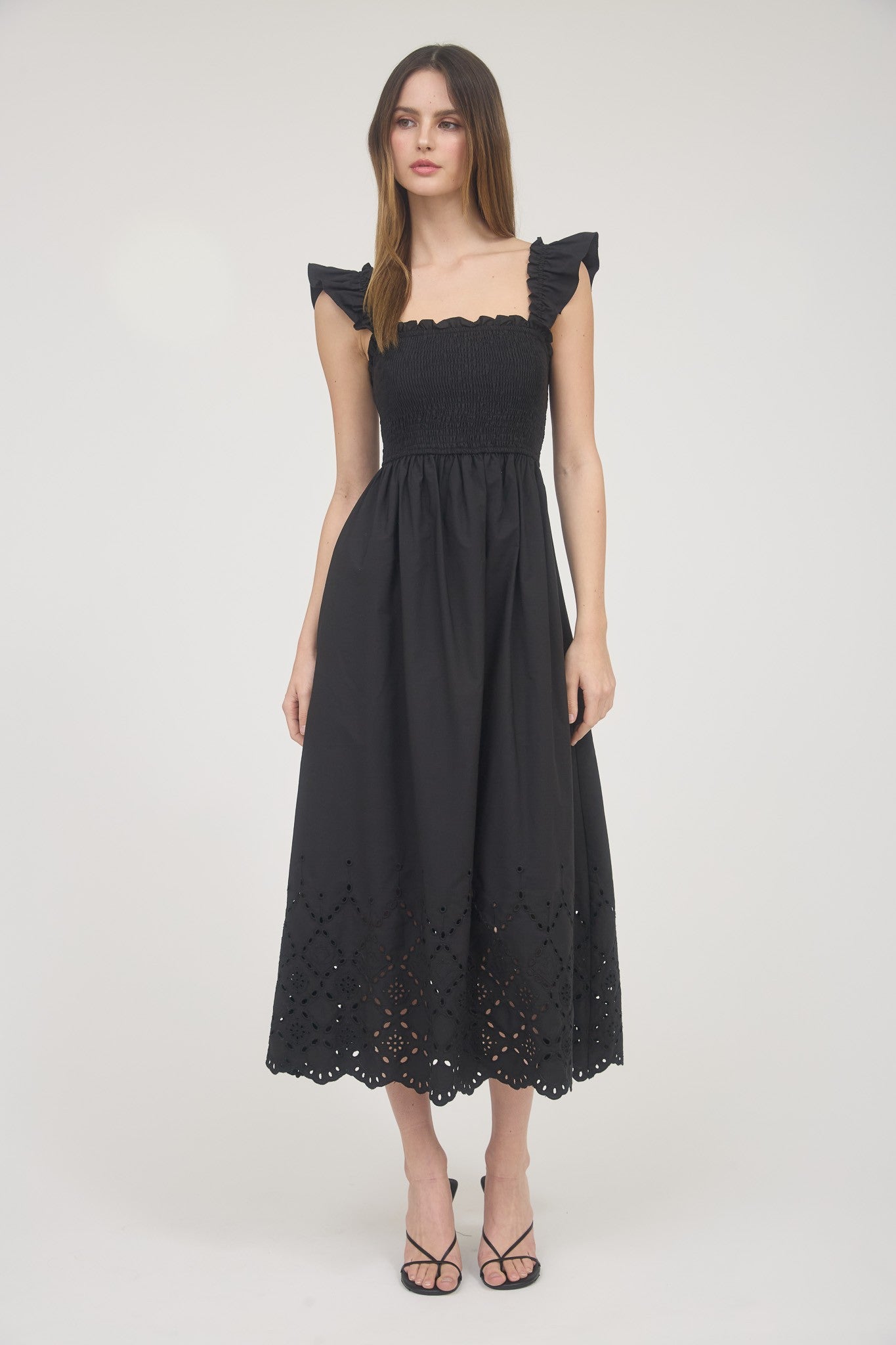 Ava Smocked Ruffle Sleeve Eyelet Hem Midi Dress