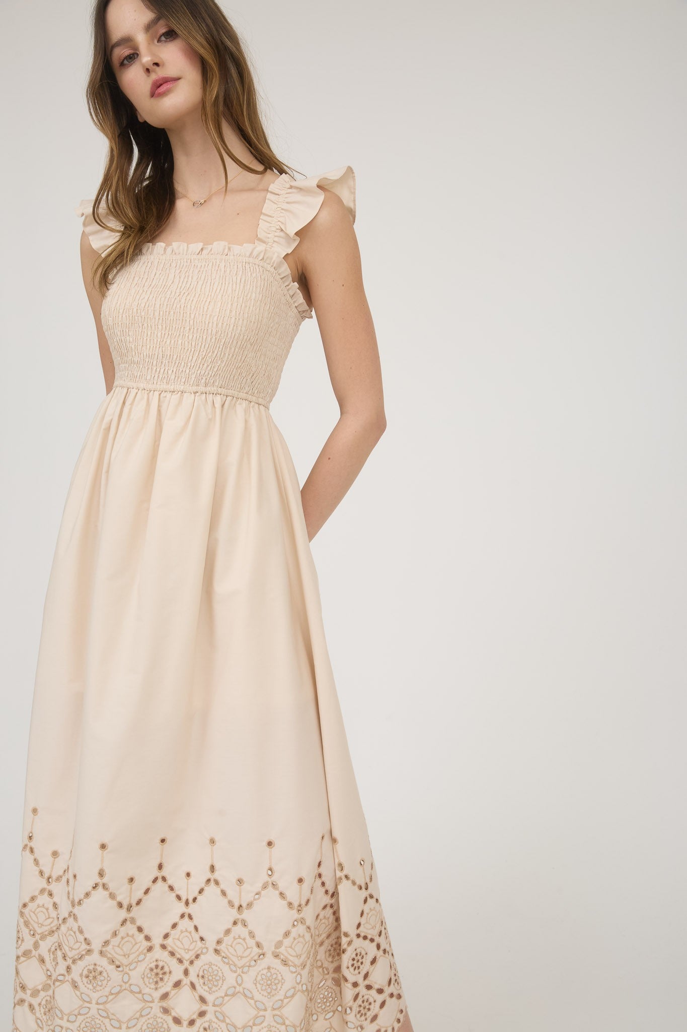 Ava Smocked Ruffle Sleeve Eyelet Hem Midi Dress