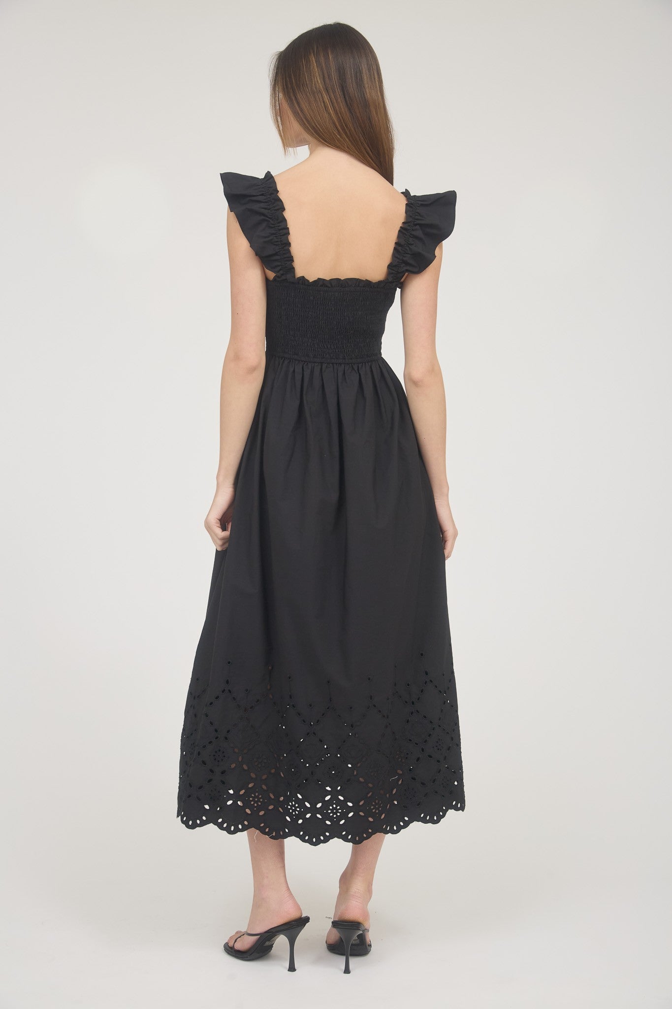Ava Smocked Ruffle Sleeve Eyelet Hem Midi Dress