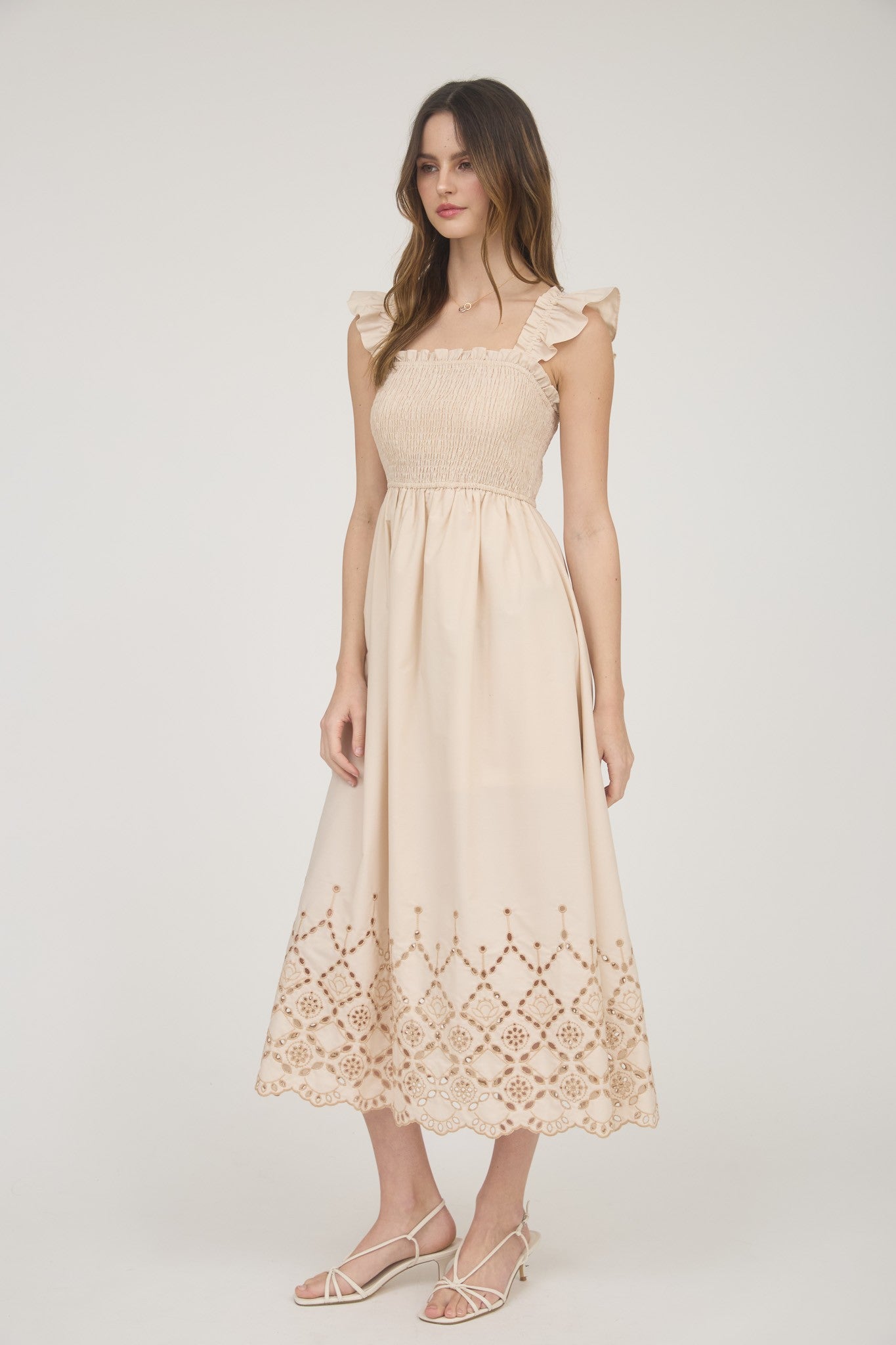 Ava Smocked Ruffle Sleeve Eyelet Hem Midi Dress