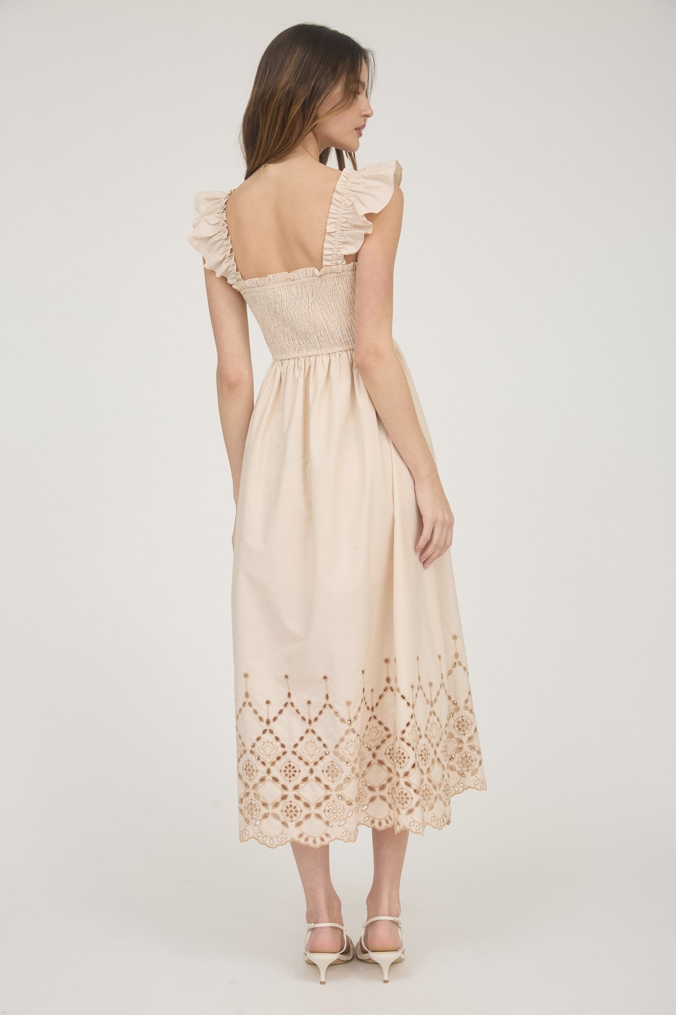 Ava Smocked Ruffle Sleeve Eyelet Hem Midi Dress