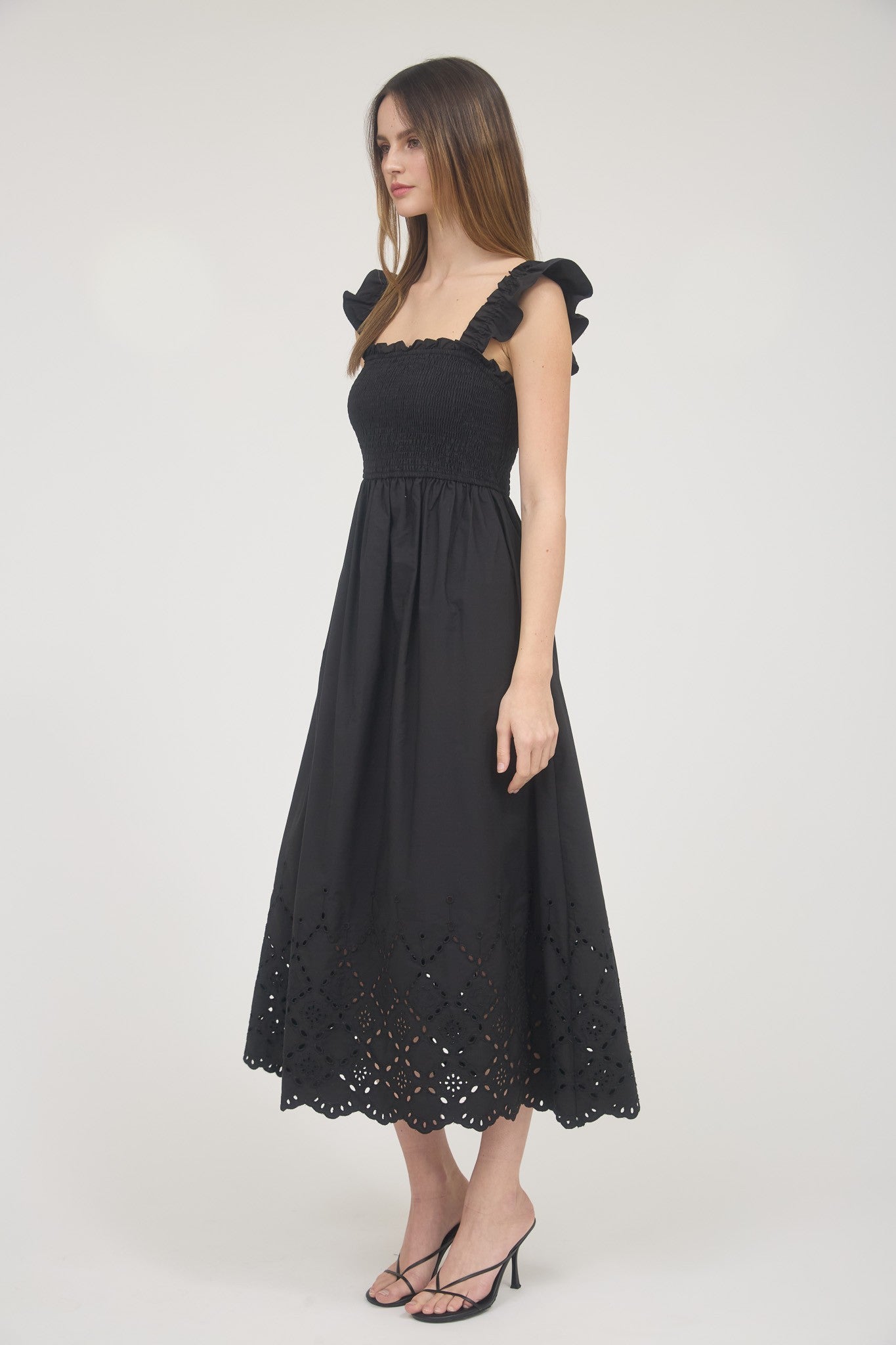 Ava Smocked Ruffle Sleeve Eyelet Hem Midi Dress