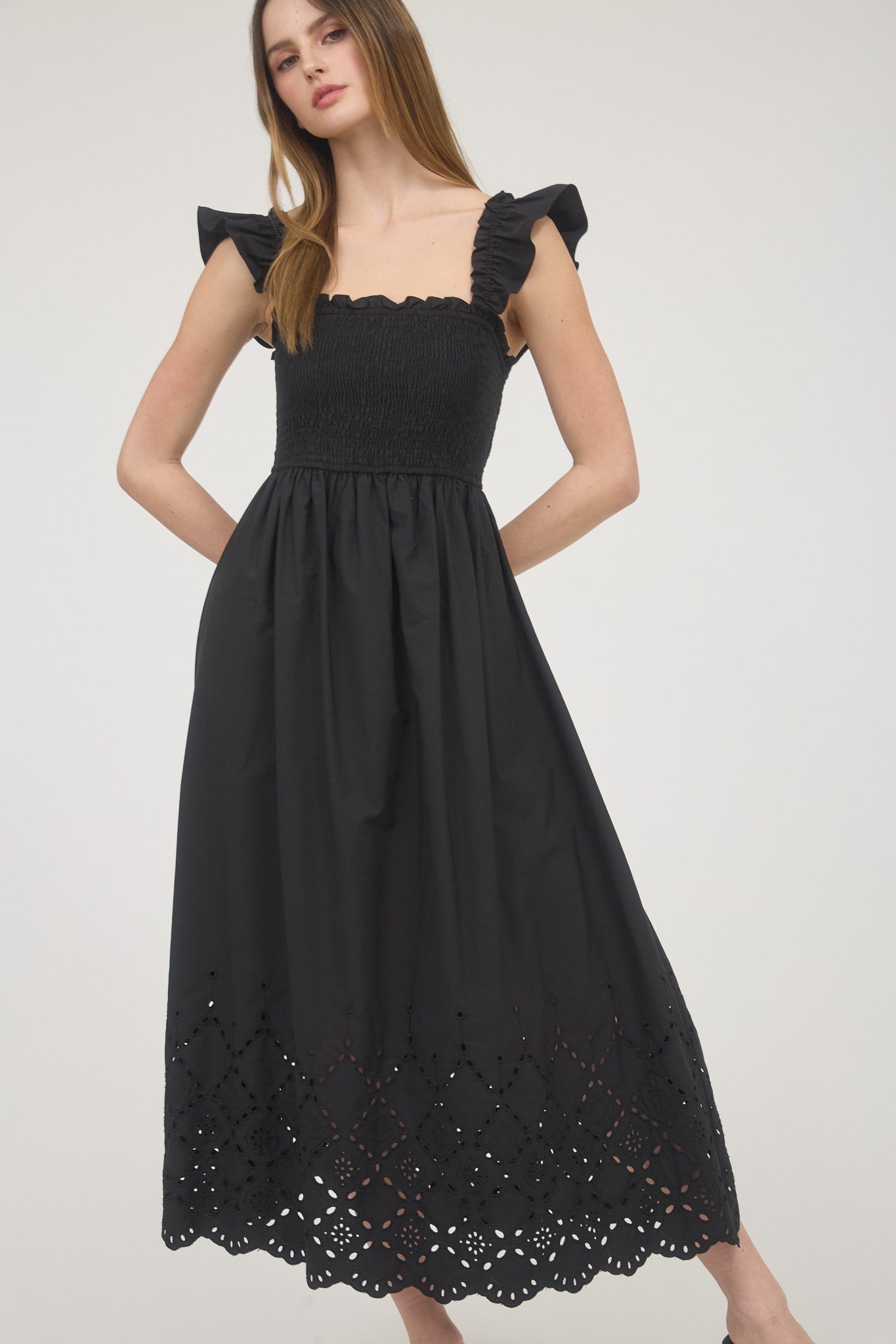 Ava Smocked Ruffle Sleeve Eyelet Hem Midi Dress