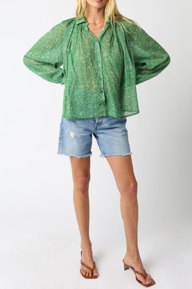 Woman wearing a green patterned blouse and denim shorts on a white background