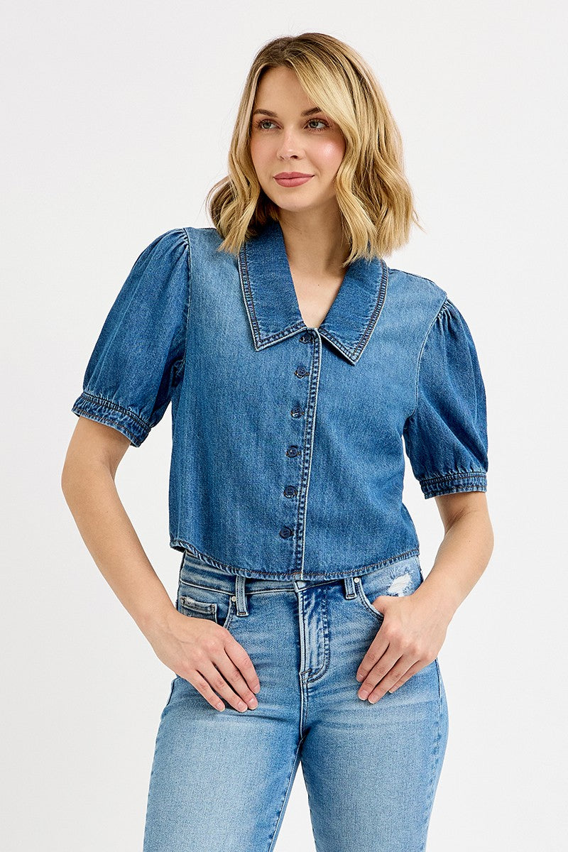 Gina Short Puff Sleeve Crop Denim Top