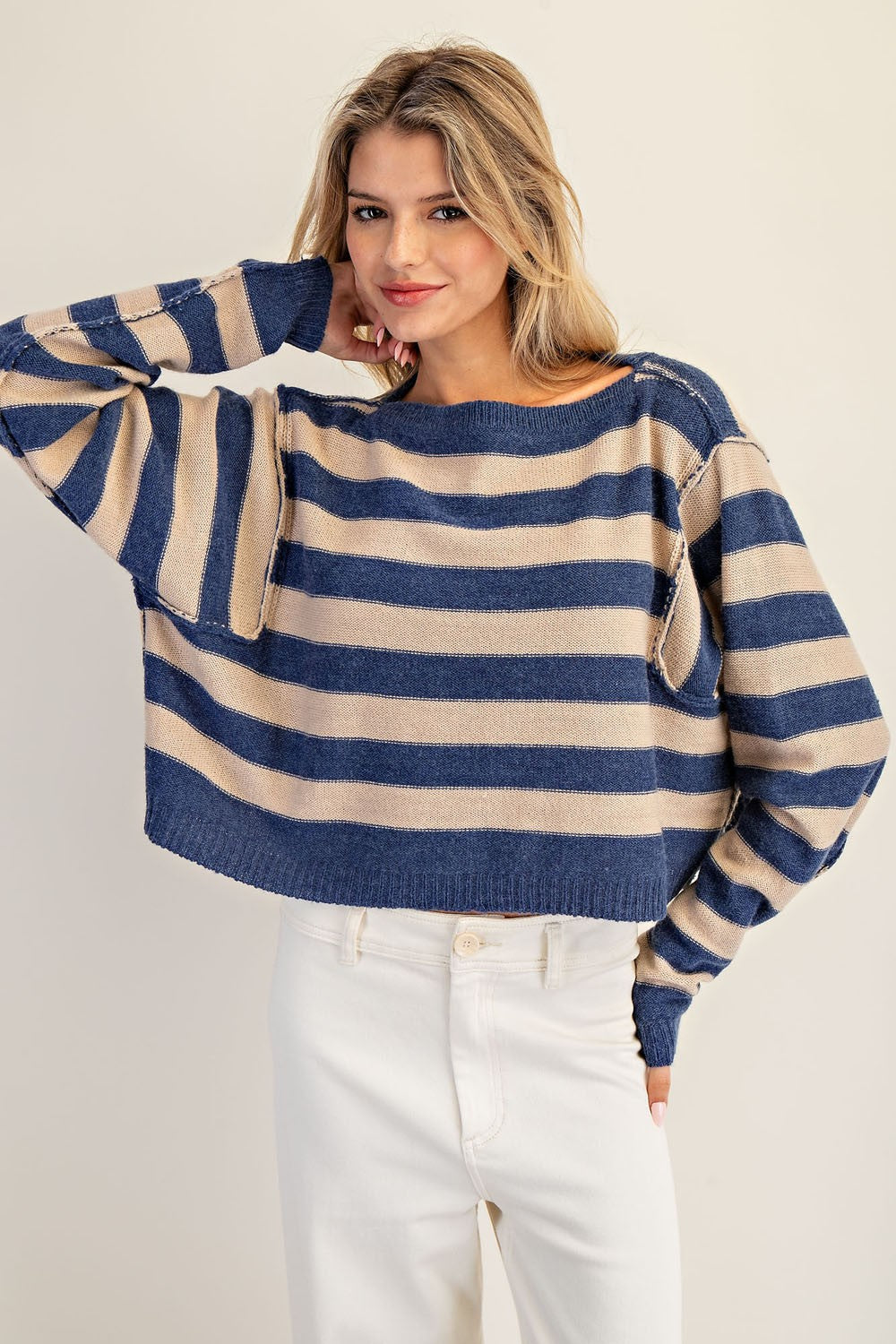 Brenda Striped Boat Neck Cropped Sweater