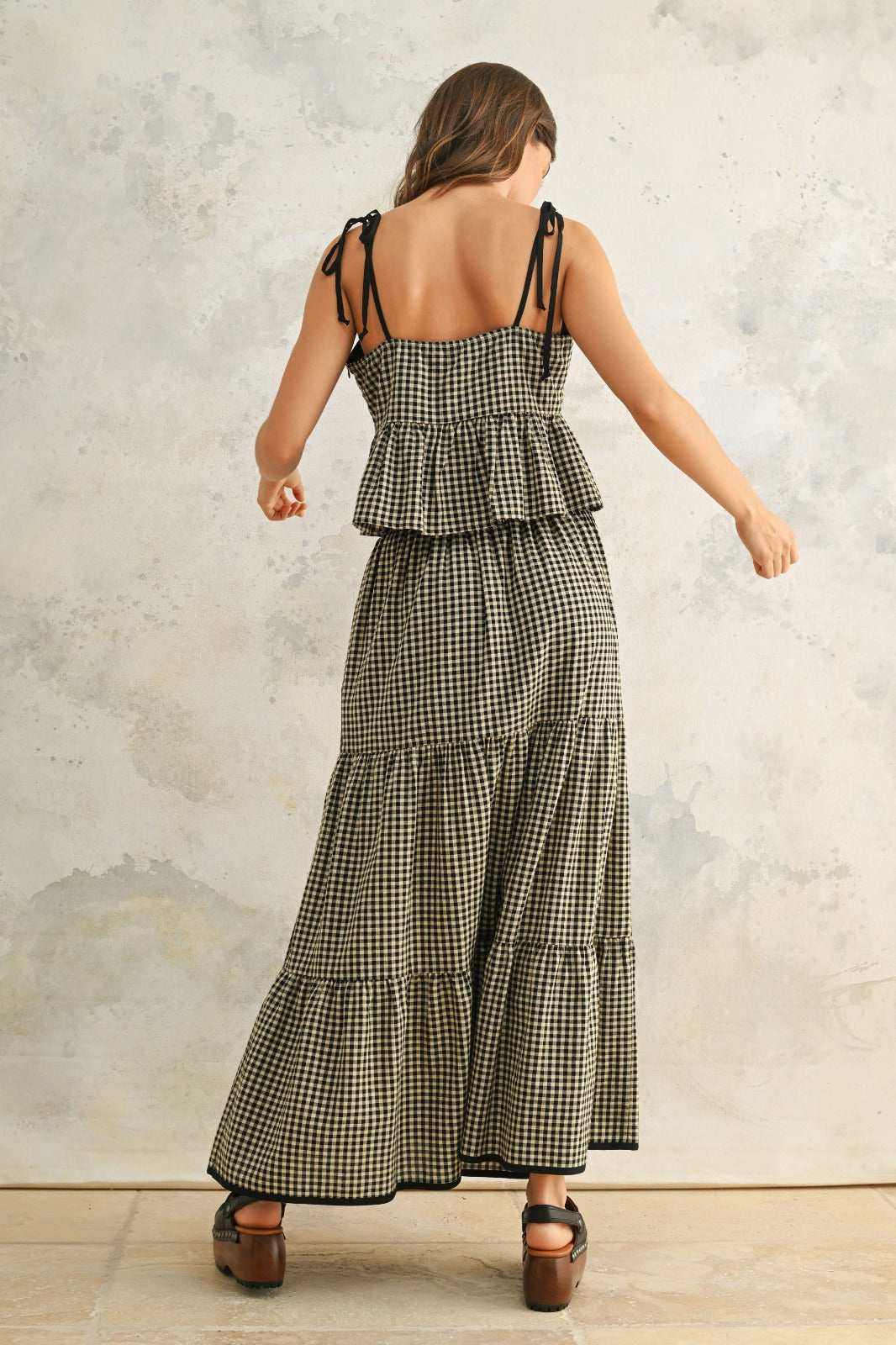 Lane Gingham Pattern Tiered Maxi Skirt
