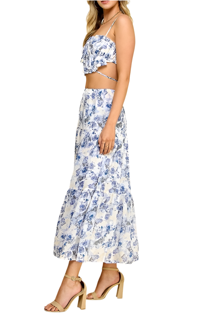Floral Corset Crop Top & Tiered Midi Skirt
