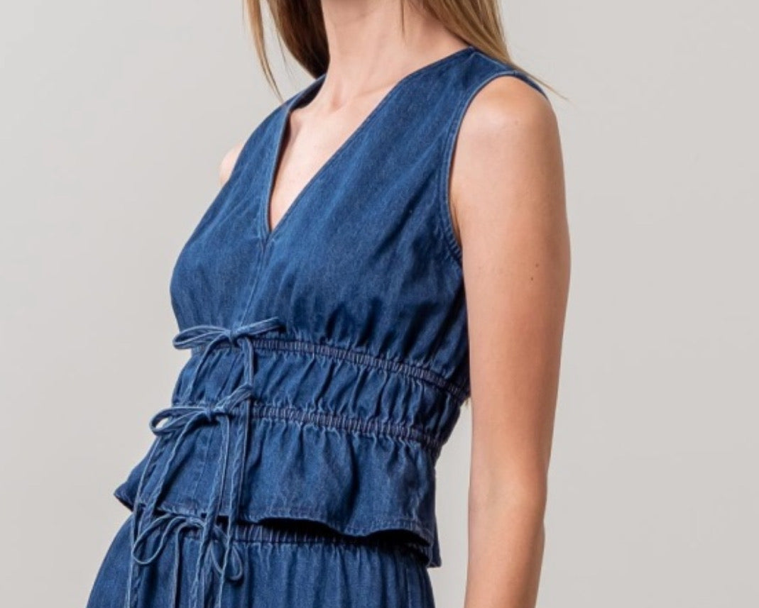 V-Neck Front Tie Denim Top