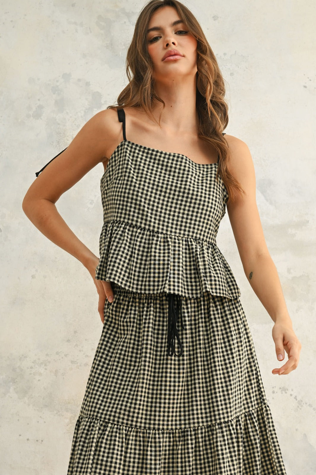 Lane Gingham Pattern Tiered Maxi Skirt
