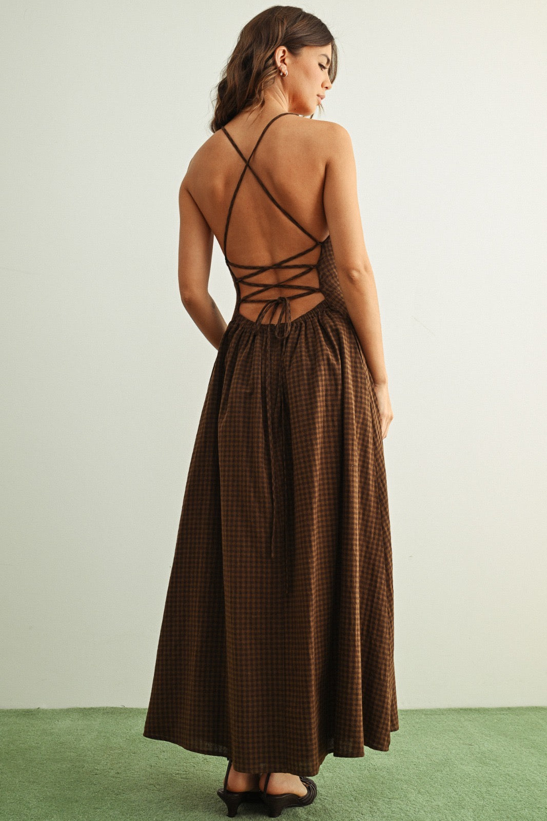 brown gingham maxi dress Nikki Pattern – Sonoran Rose Boutique Women's Short Sleeve Tunic _tab2_shipping-and-returns gathered bodice and feminine color:Khaki