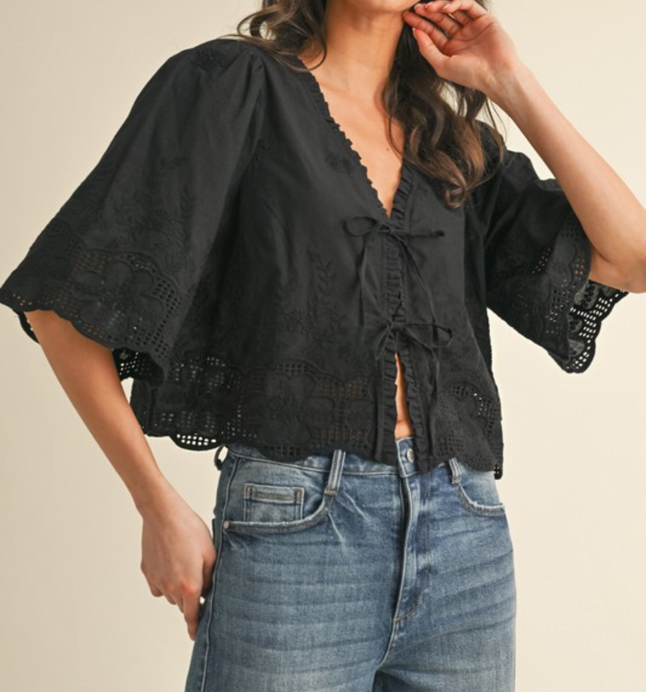 Emma Floral Embroidery Tie Front Top