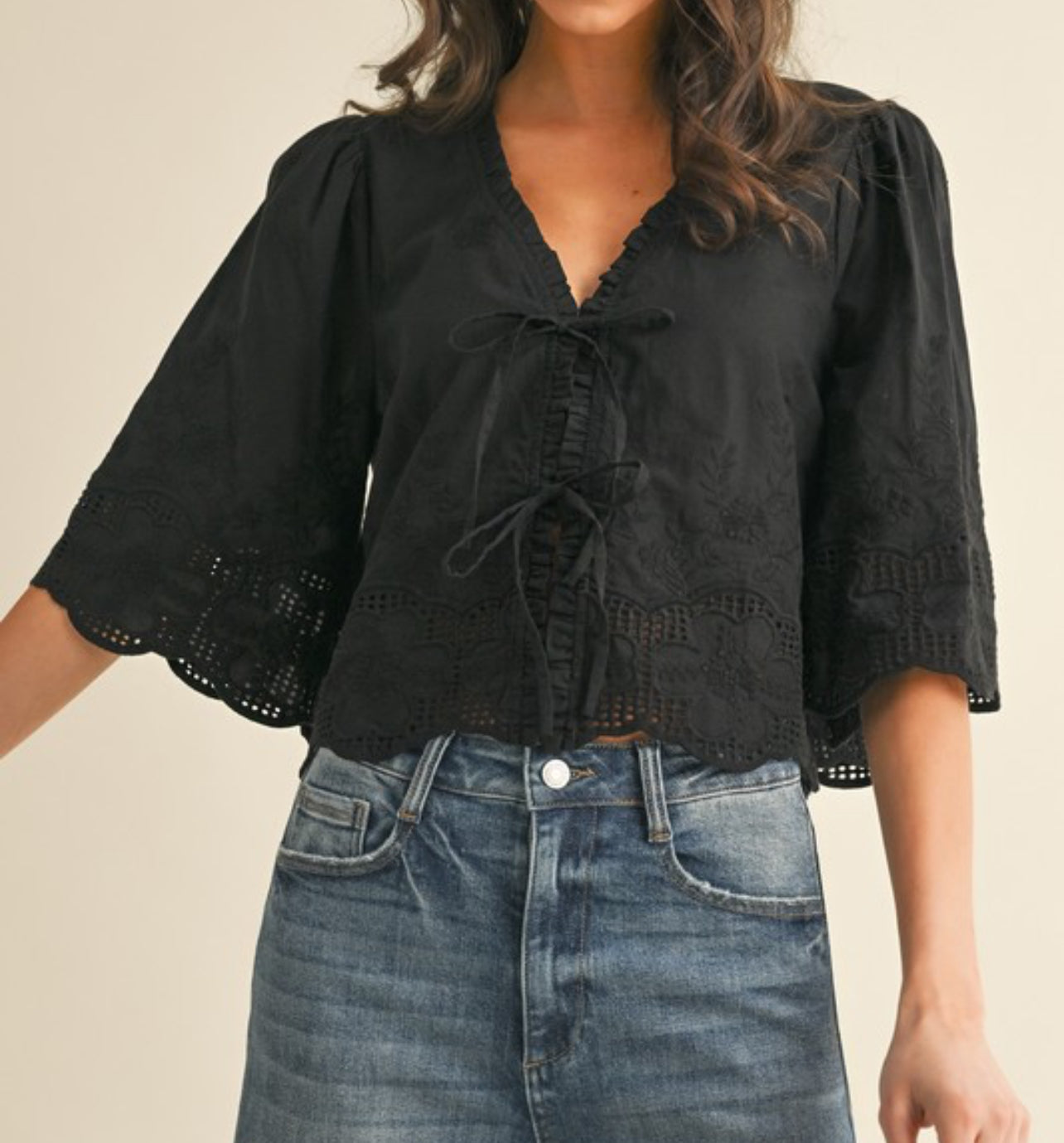 Emma Floral Embroidery Tie Front Top