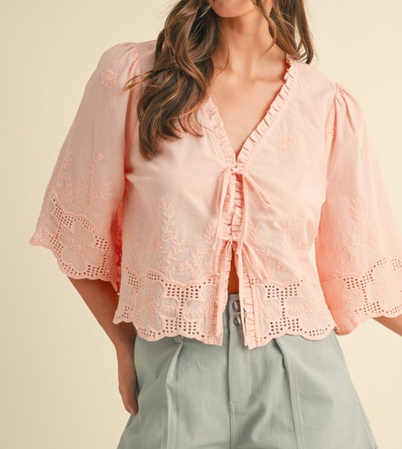 Emma Floral Embroidery Tie Front Top
