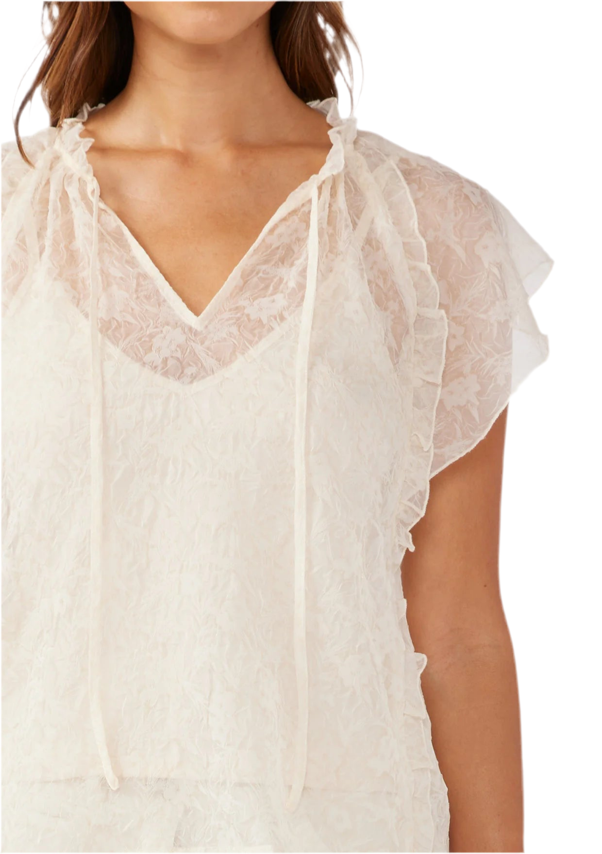 Romy Short Sleeve Ruffle Top With Spaghetti Neck Tie
