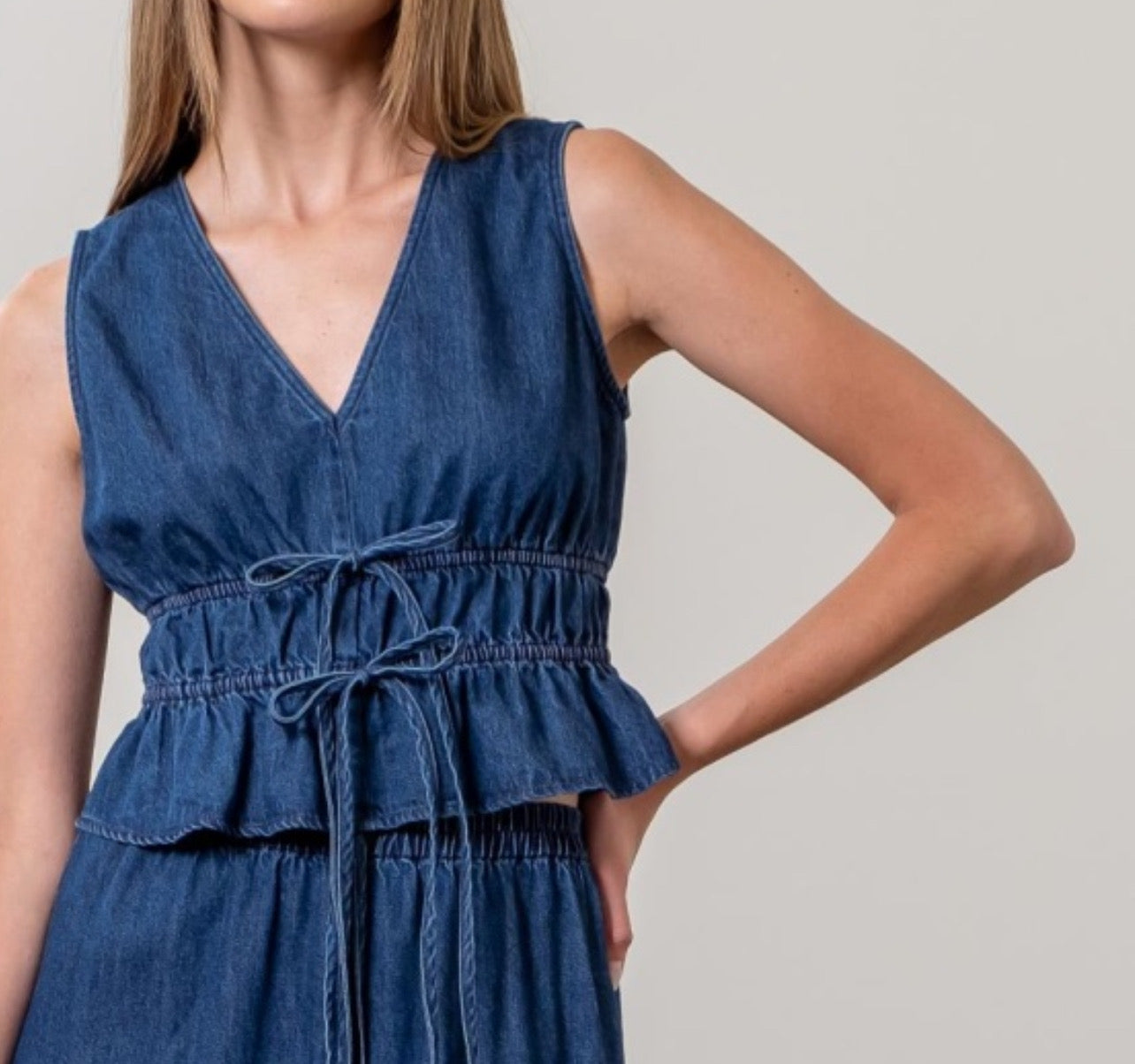 V-Neck Front Tie Denim Top