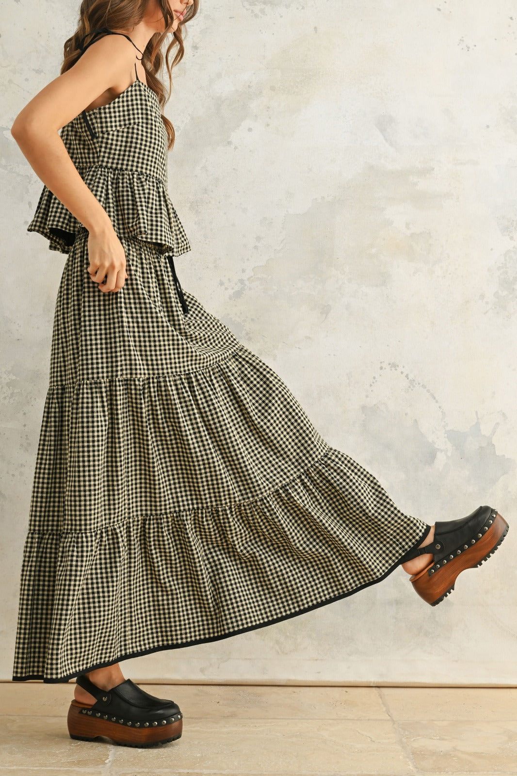 Lane Gingham Pattern Tiered Maxi Skirt