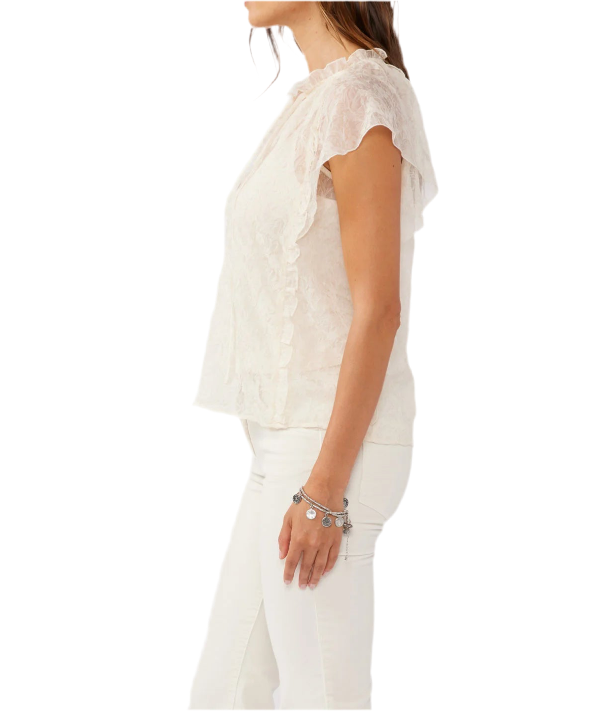 Romy Short Sleeve Ruffle Top With Spaghetti Neck Tie