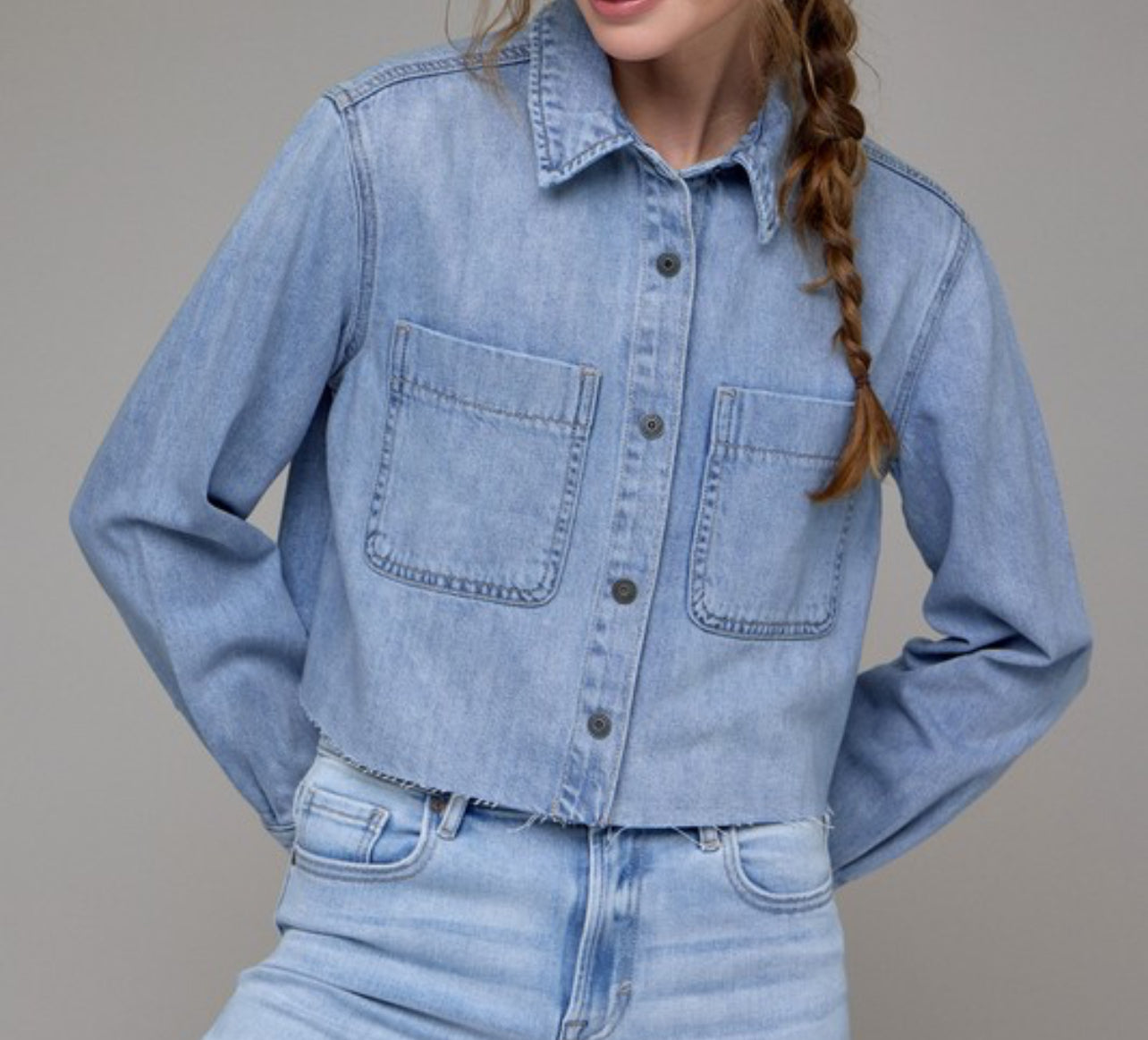 Sage Vintage Wash Cropped Denim Shirt