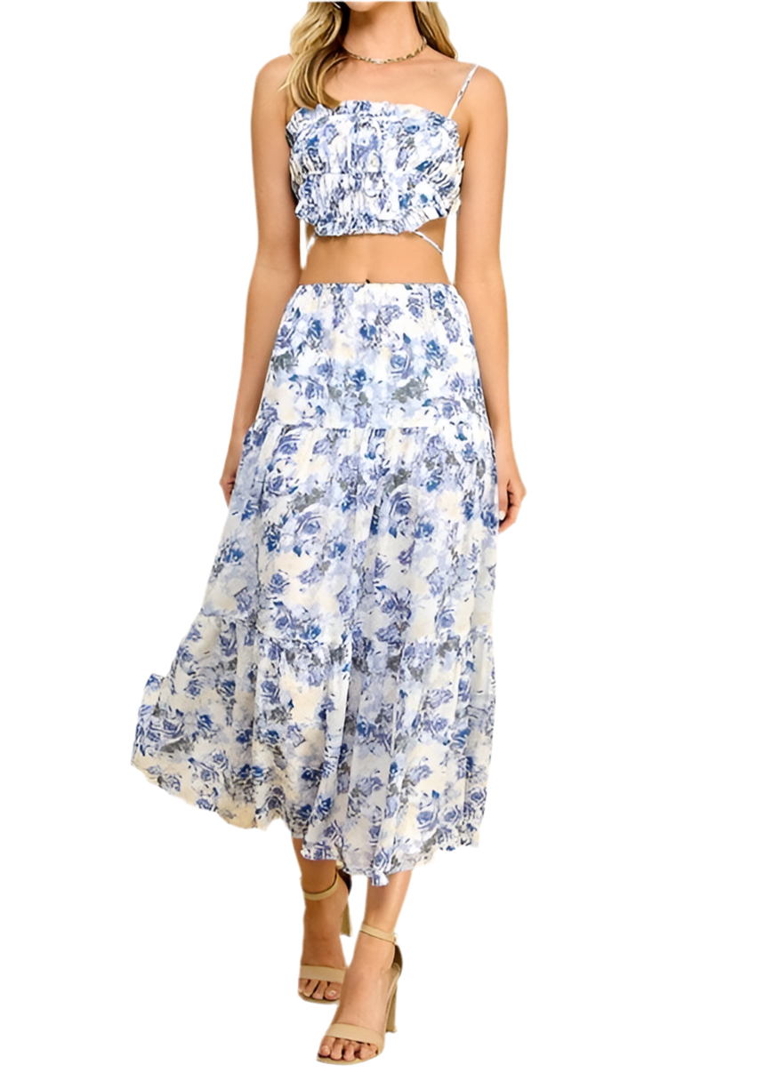 Floral Corset Crop Top & Tiered Midi Skirt