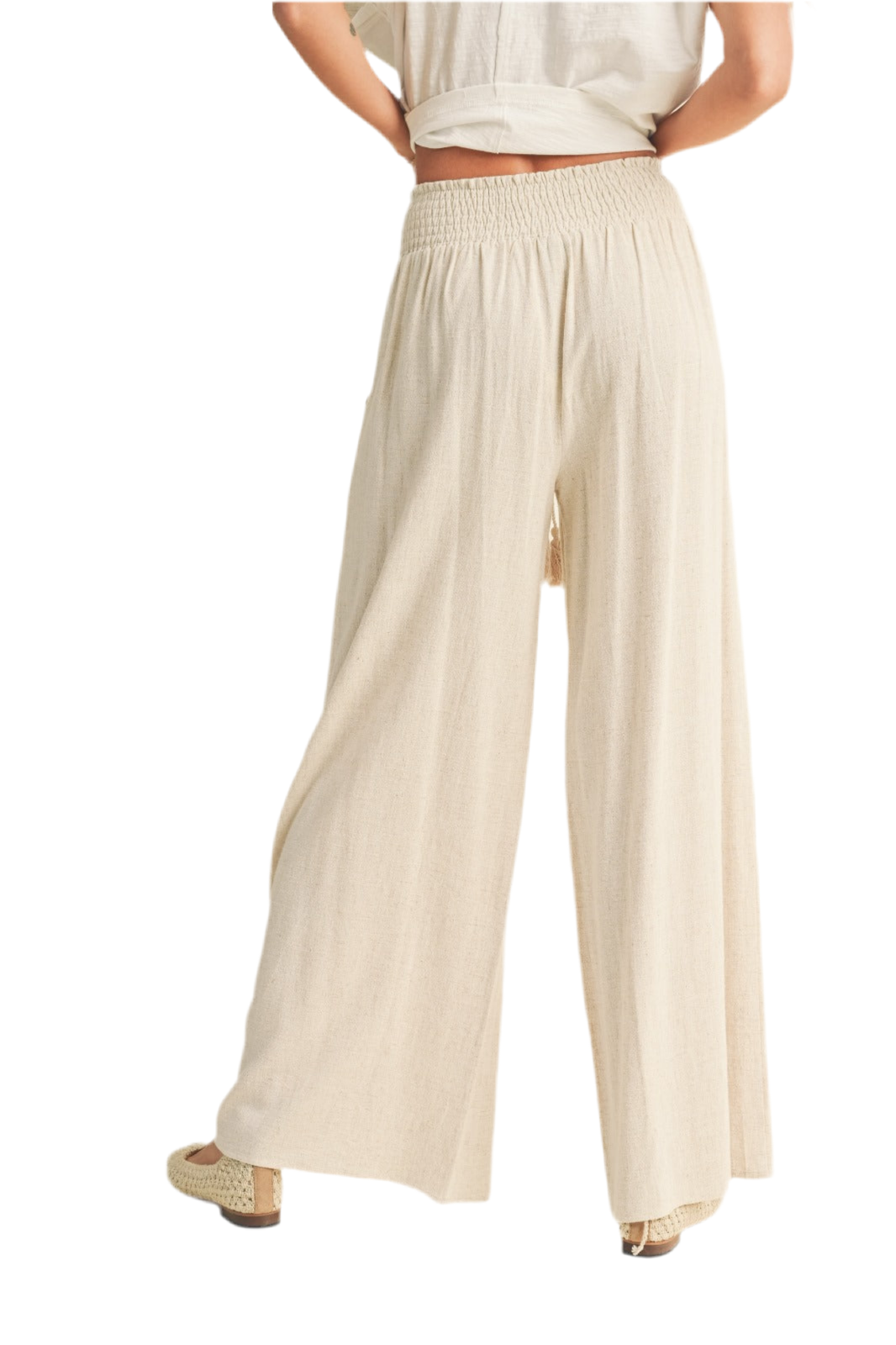 Tara Cotton Linen Smocked Waist Pant with Tassel