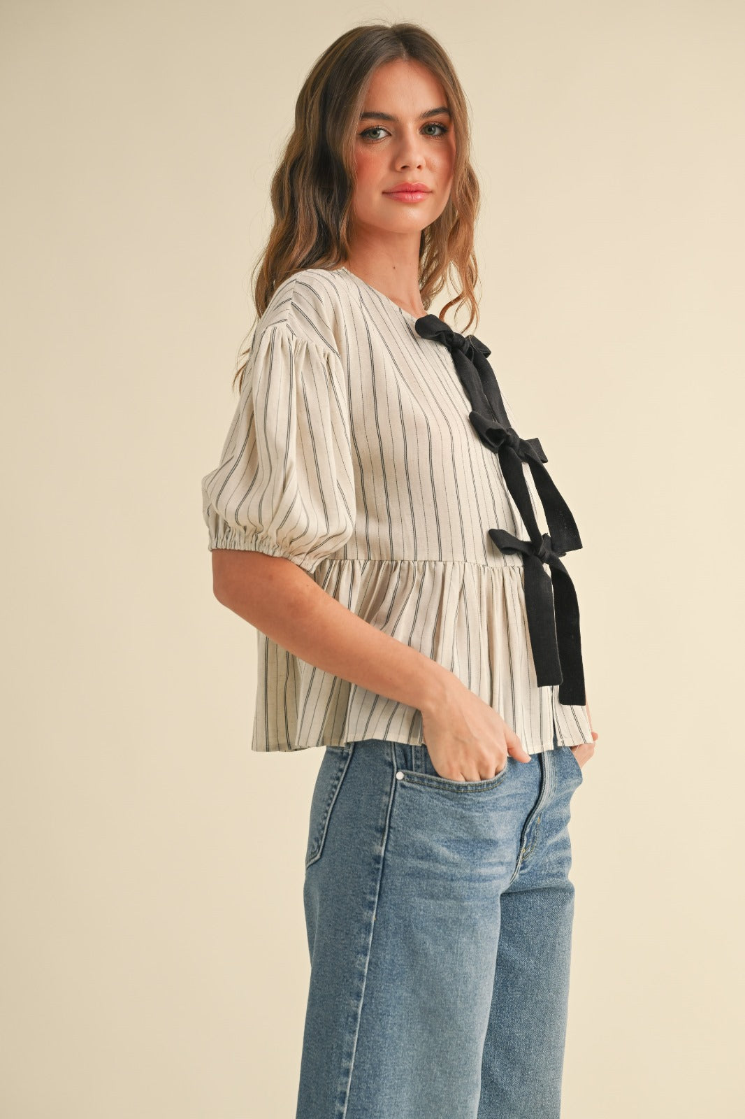 Barb Short Sleeve Striped Tie Front Top