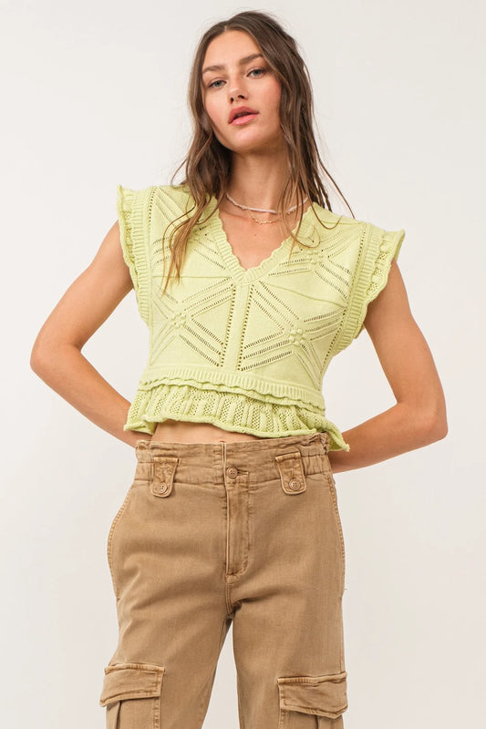 Delaney Peplum Sweater Top Pale Lime