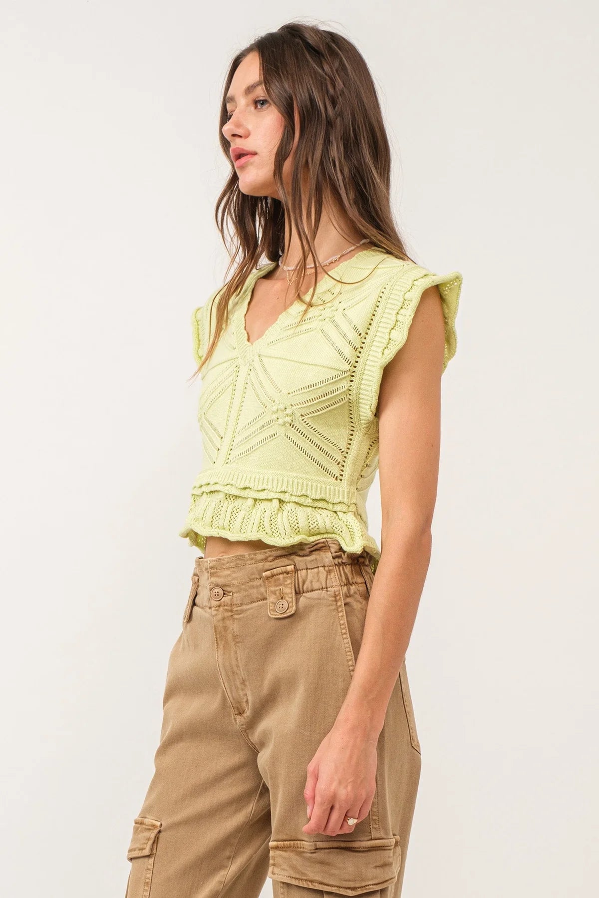 Delaney Peplum Sweater Top Pale Lime
