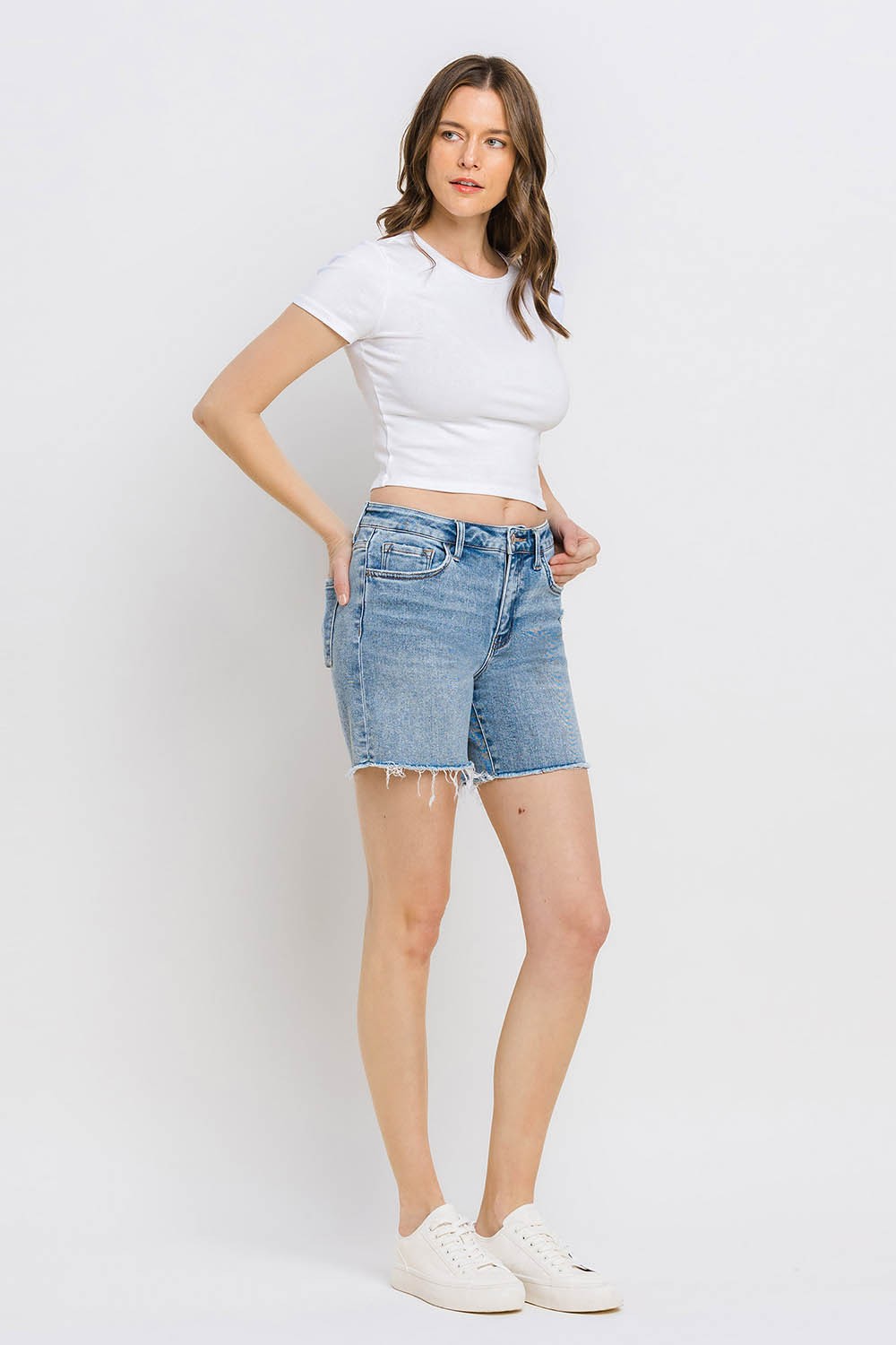 Tara High Rise Midi Shorts in Done Deal by Vervet