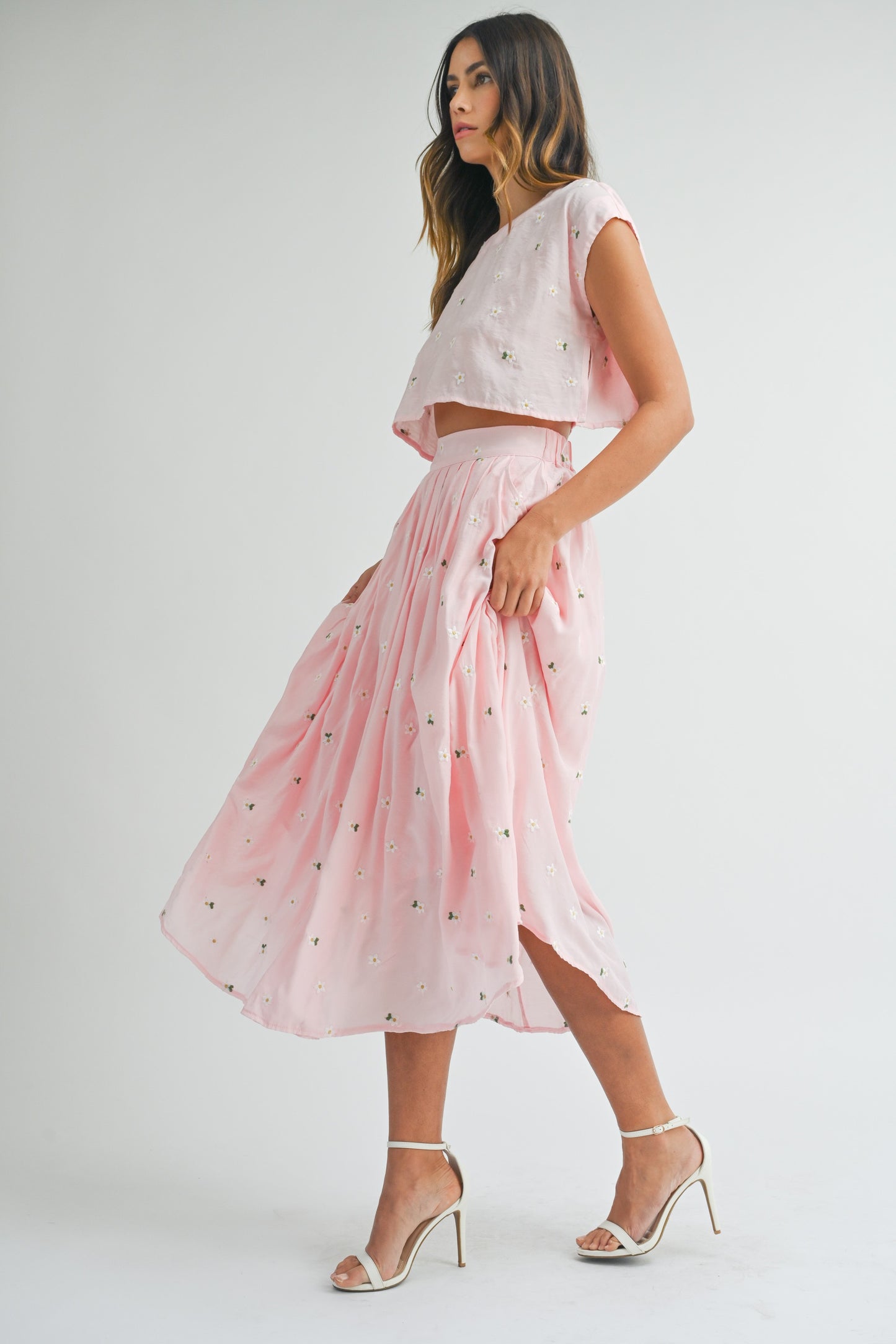 FLORAL EMBIORDERY CROP TOP AND MIDI SKIRT SET