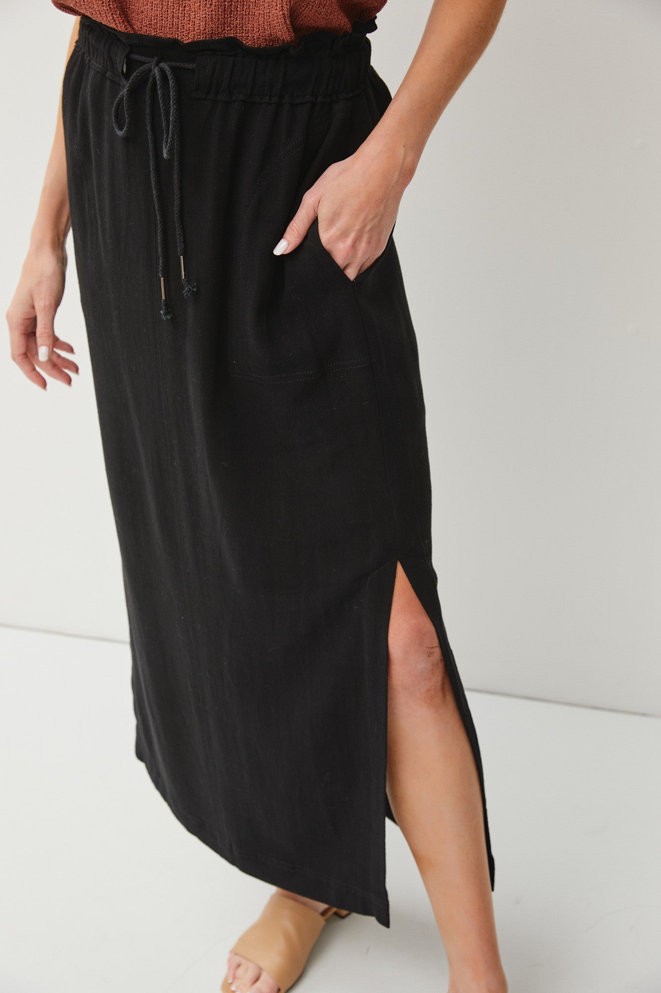 Drawstring Linen Skirt with Slits
