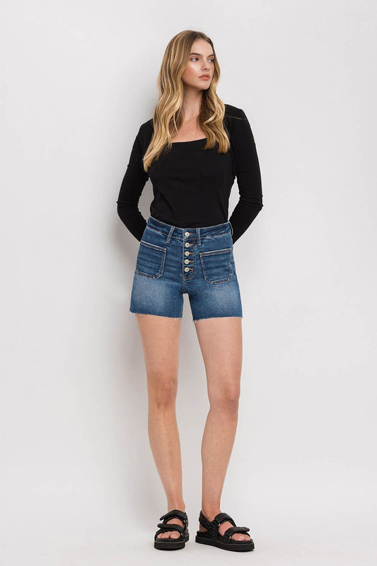 High Rise Patched Button Fly Shorts by Vervet