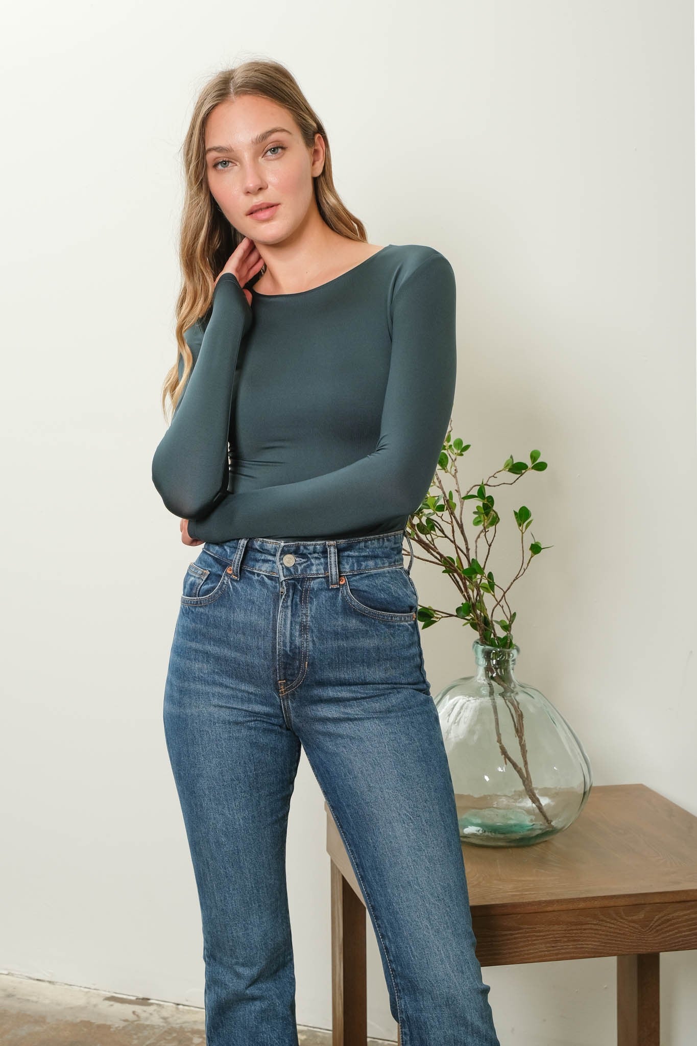 Mia Solid Round Neck Long Sleeve Bodysuit