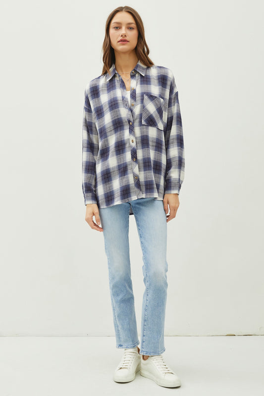 Juliette Oversize Flannel Long Sleeve Top Blue