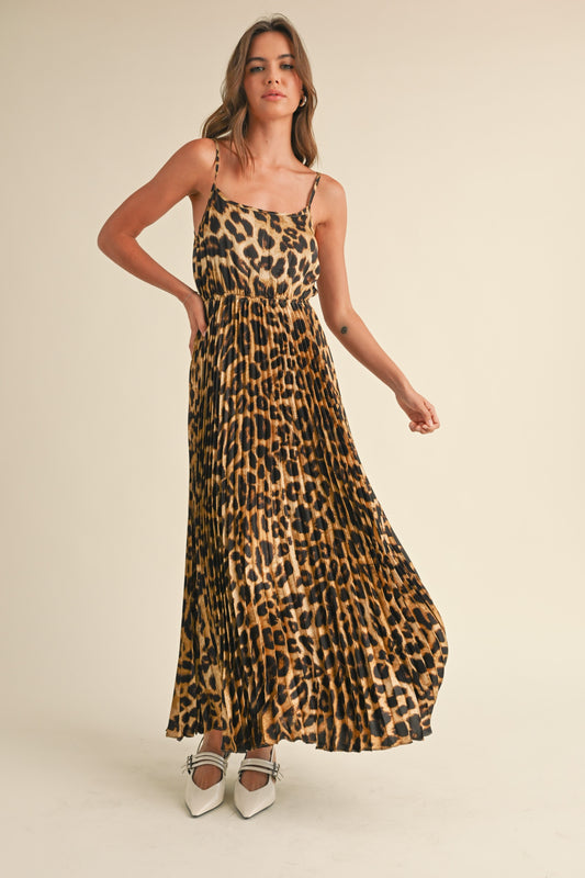 Leopard Print Pleated Maxi Dress