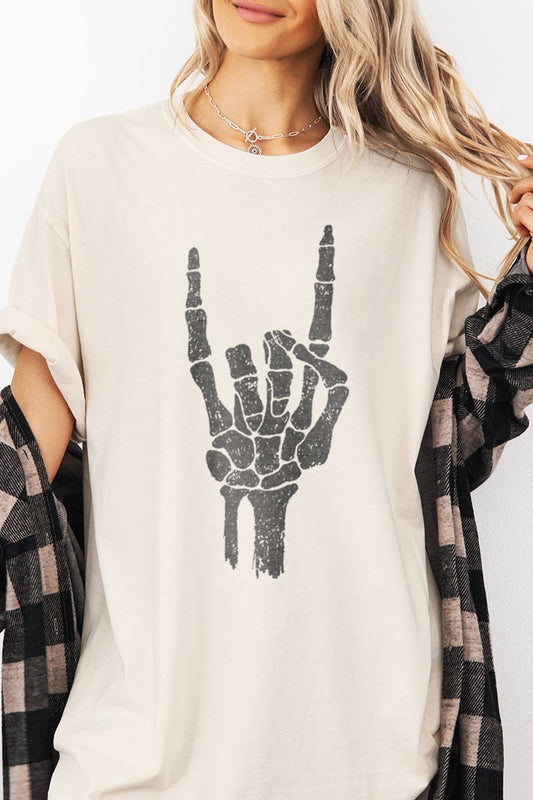 Skelly Chic Rock N Roll Skeleton Hand Halloween Graphic Tee