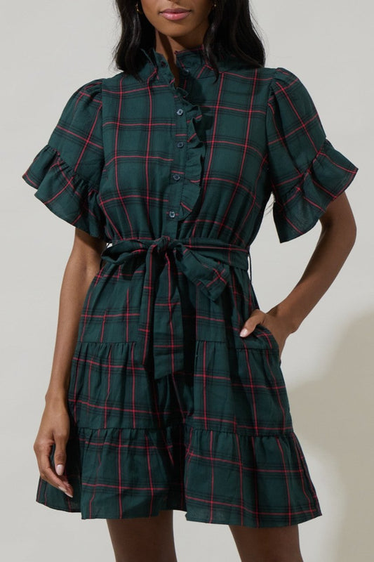 Brook Plaid Cottonwood Ruffle Button Mini Dress