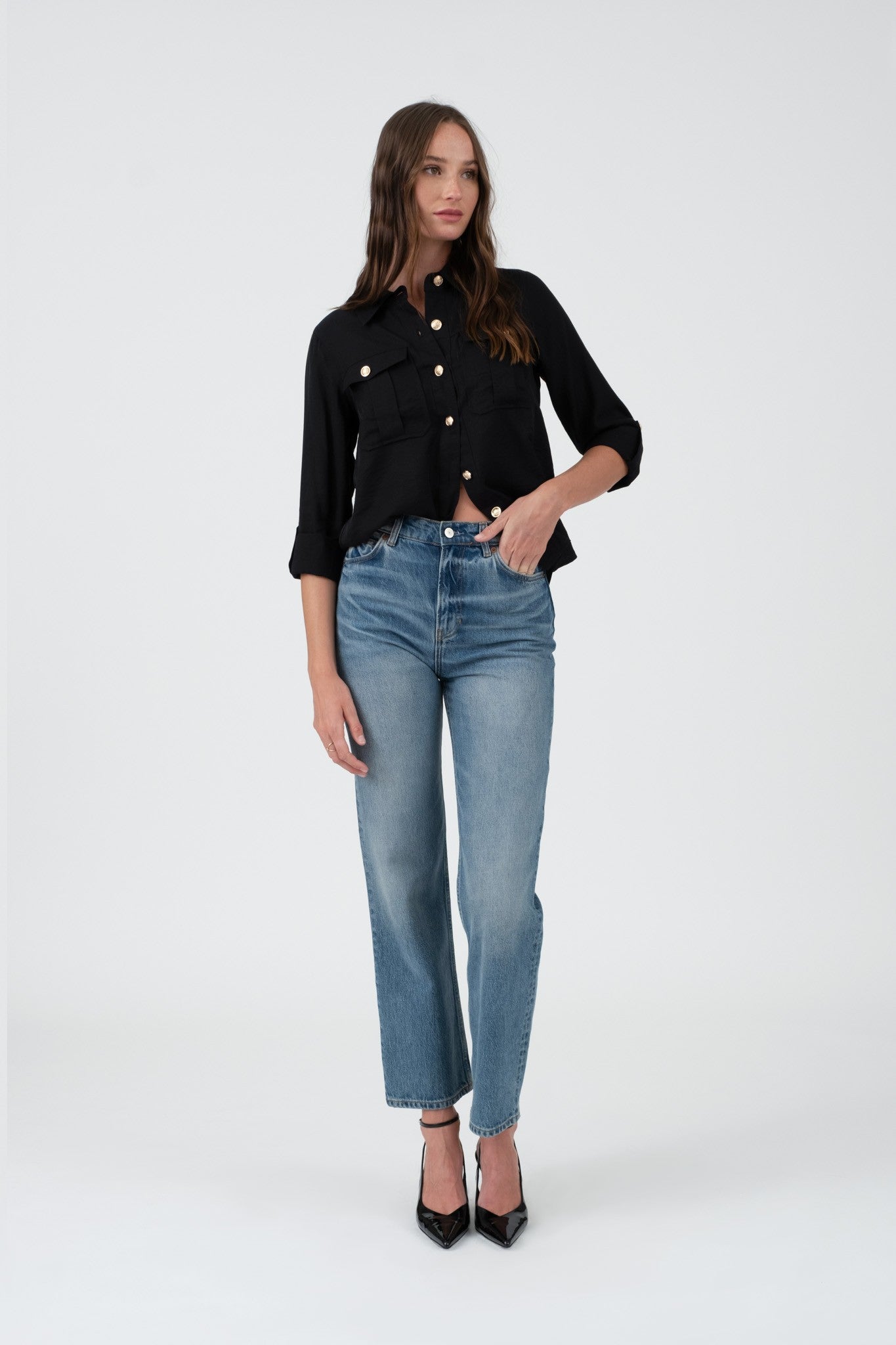 Daria Collared Gold Button 3/4 Tab Sleeve Shirt