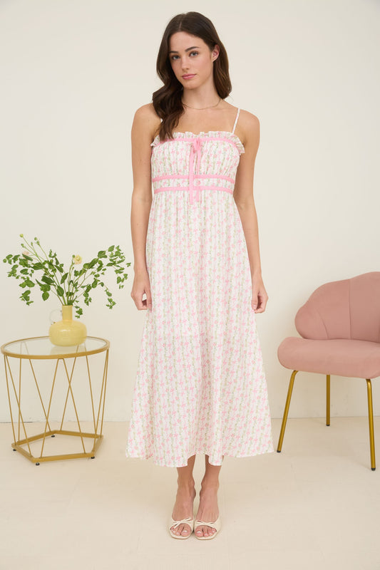 Mae Floral Bow Pattern Spaghetti Strap Midi Dress