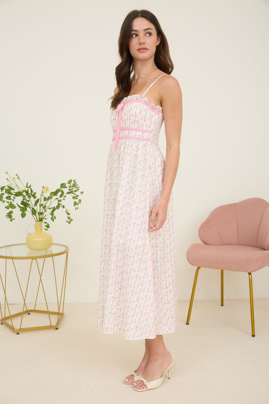 Mae Floral Bow Pattern Spaghetti Strap Midi Dress