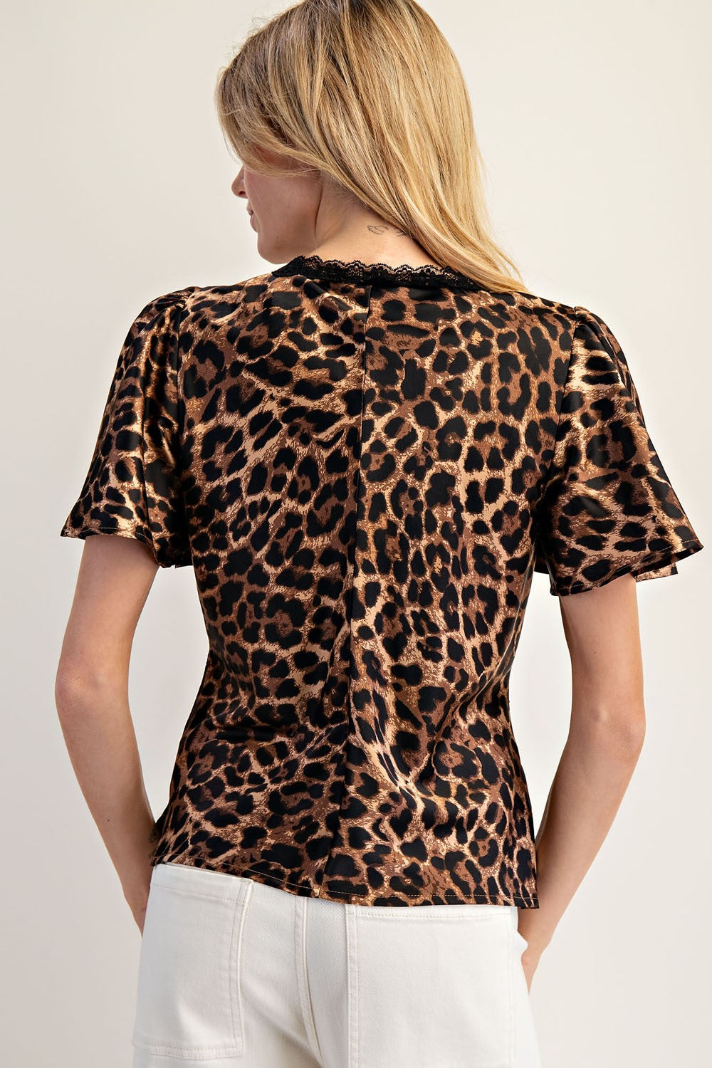 Noor Short Sleeve Leopard V-neck Flutter Sleeve Top