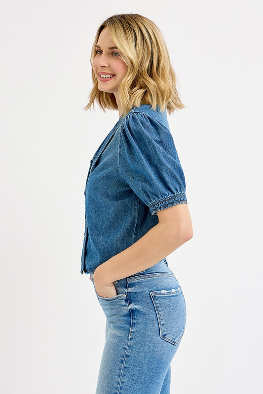 Gina Short Puff Sleeve Crop Denim Top
