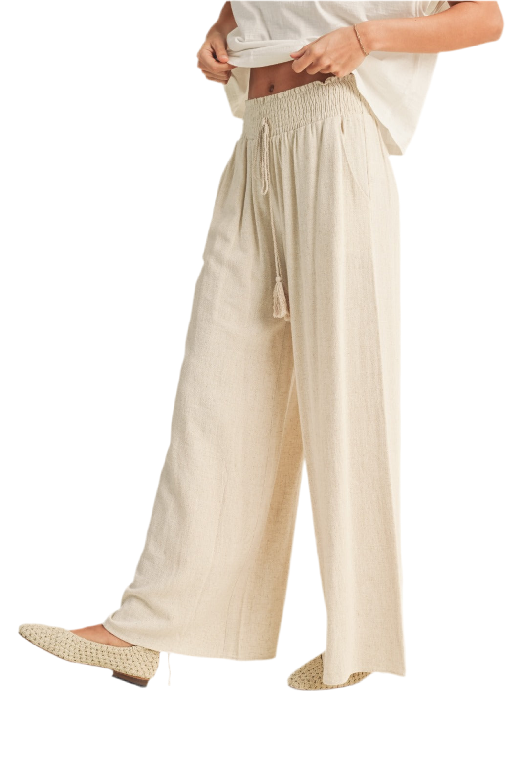 Tara Cotton Linen Smocked Waist Pant with Tassel