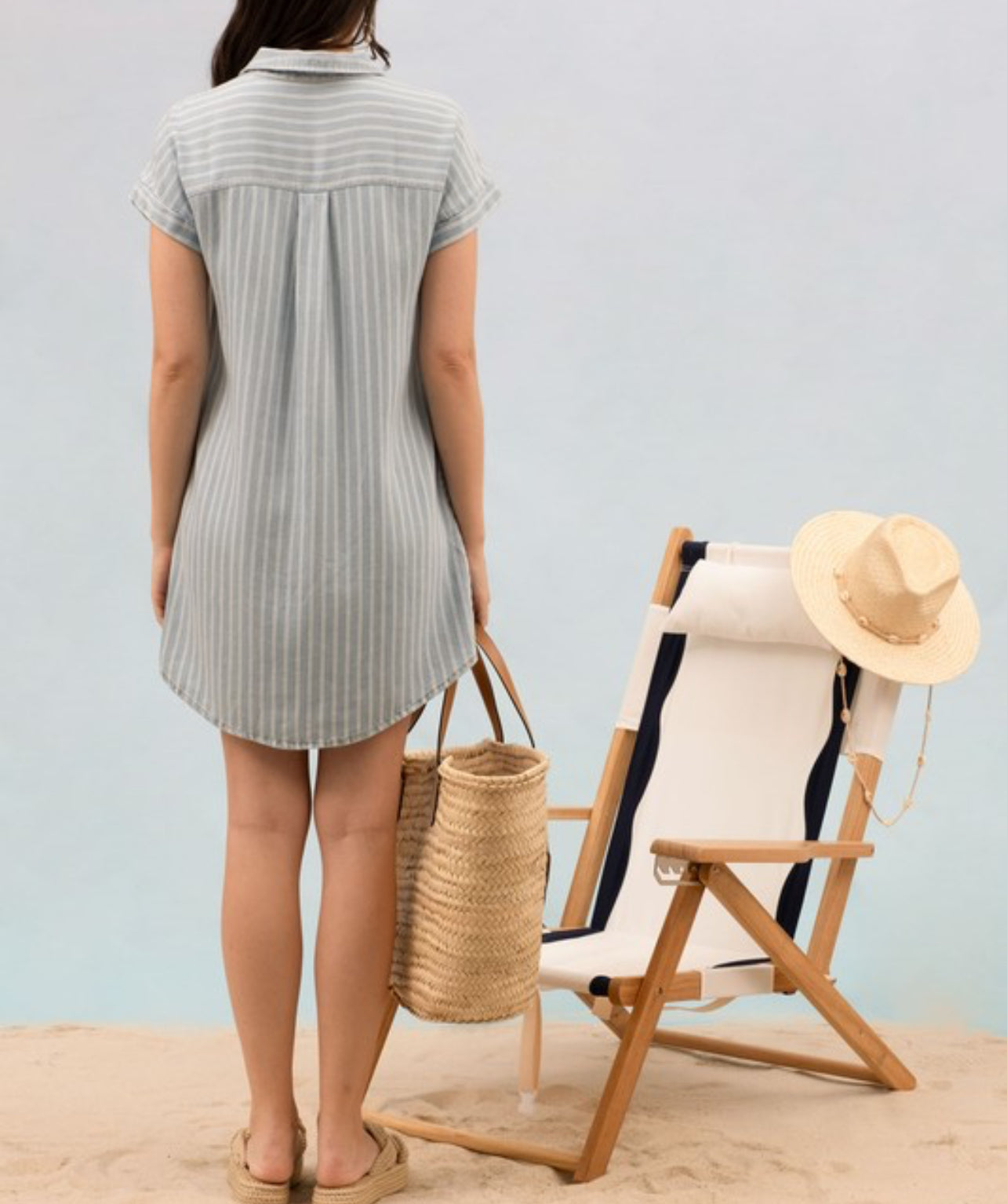 Brenda Stripe Chambray Collared Cuff Sleeve Mini Dress