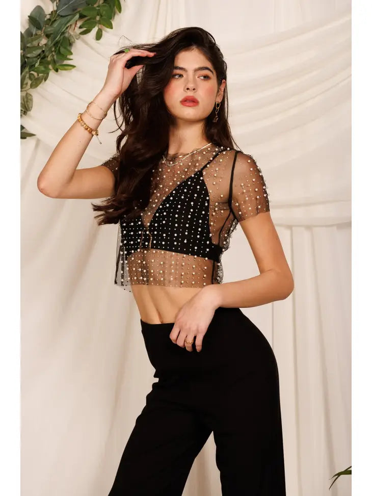 Pearls and Rhinestones Short Sleeve Mesh Crop Top