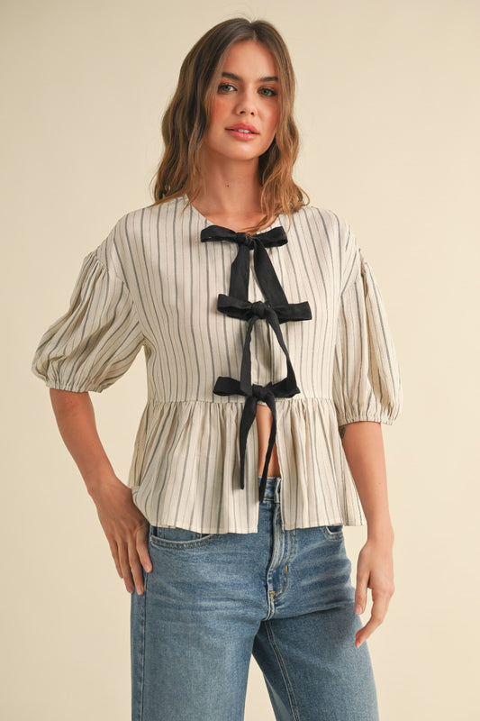 Barb Short Sleeve Striped Tie Front Top