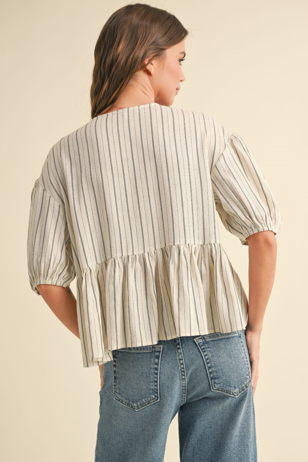 Barb Short Sleeve Striped Tie Front Top