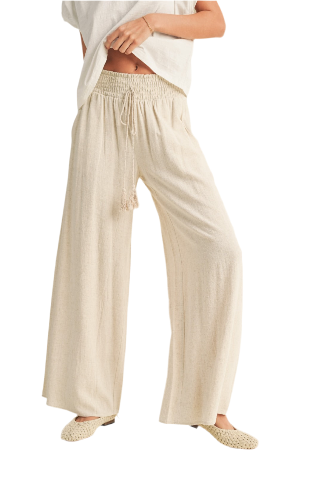 Tara Cotton Linen Smocked Waist Pant with Tassel